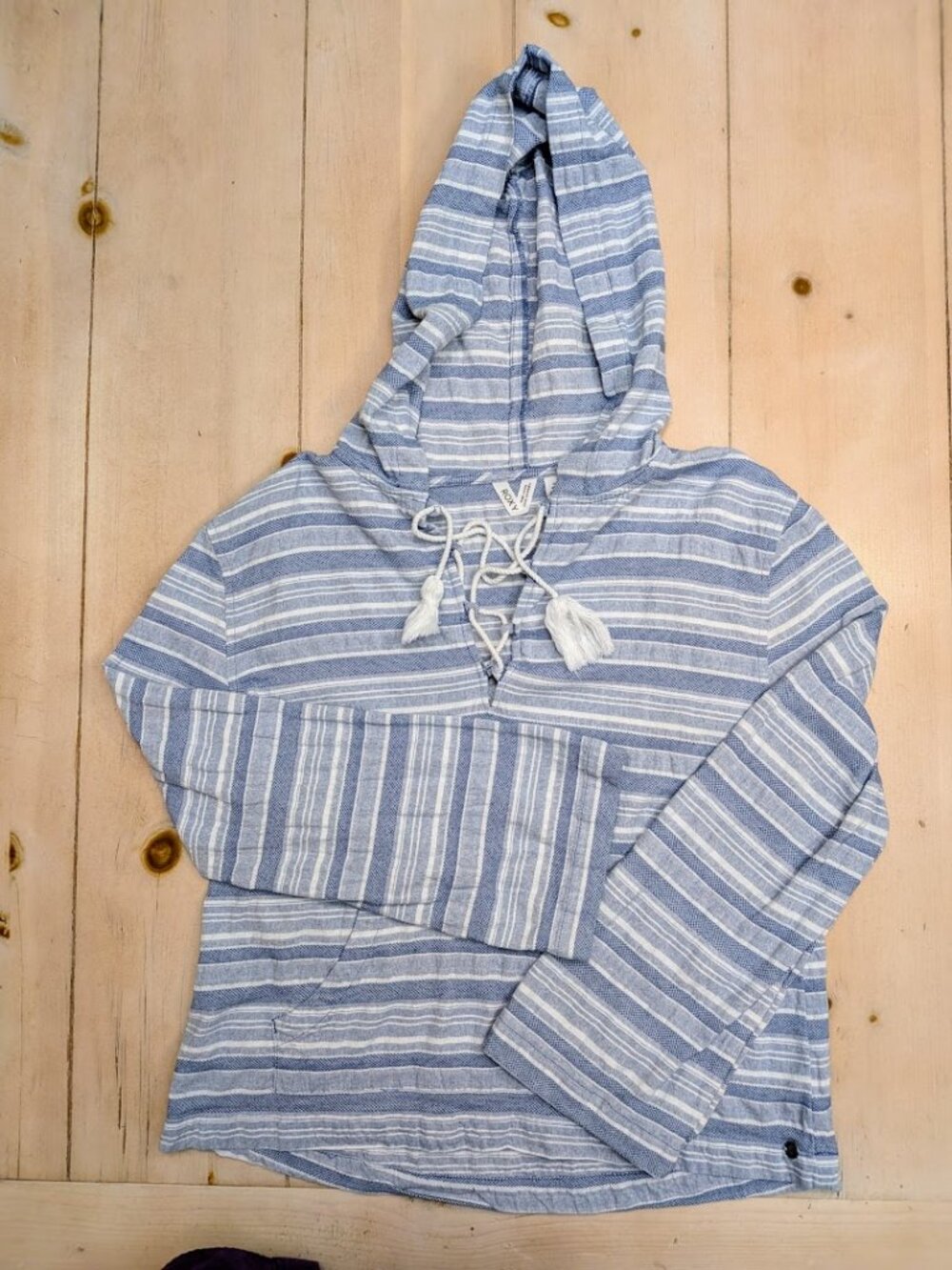 Roxy Blue White Striped Hooded Baja Pullover Hoodie Women's Medium 100% Cotton